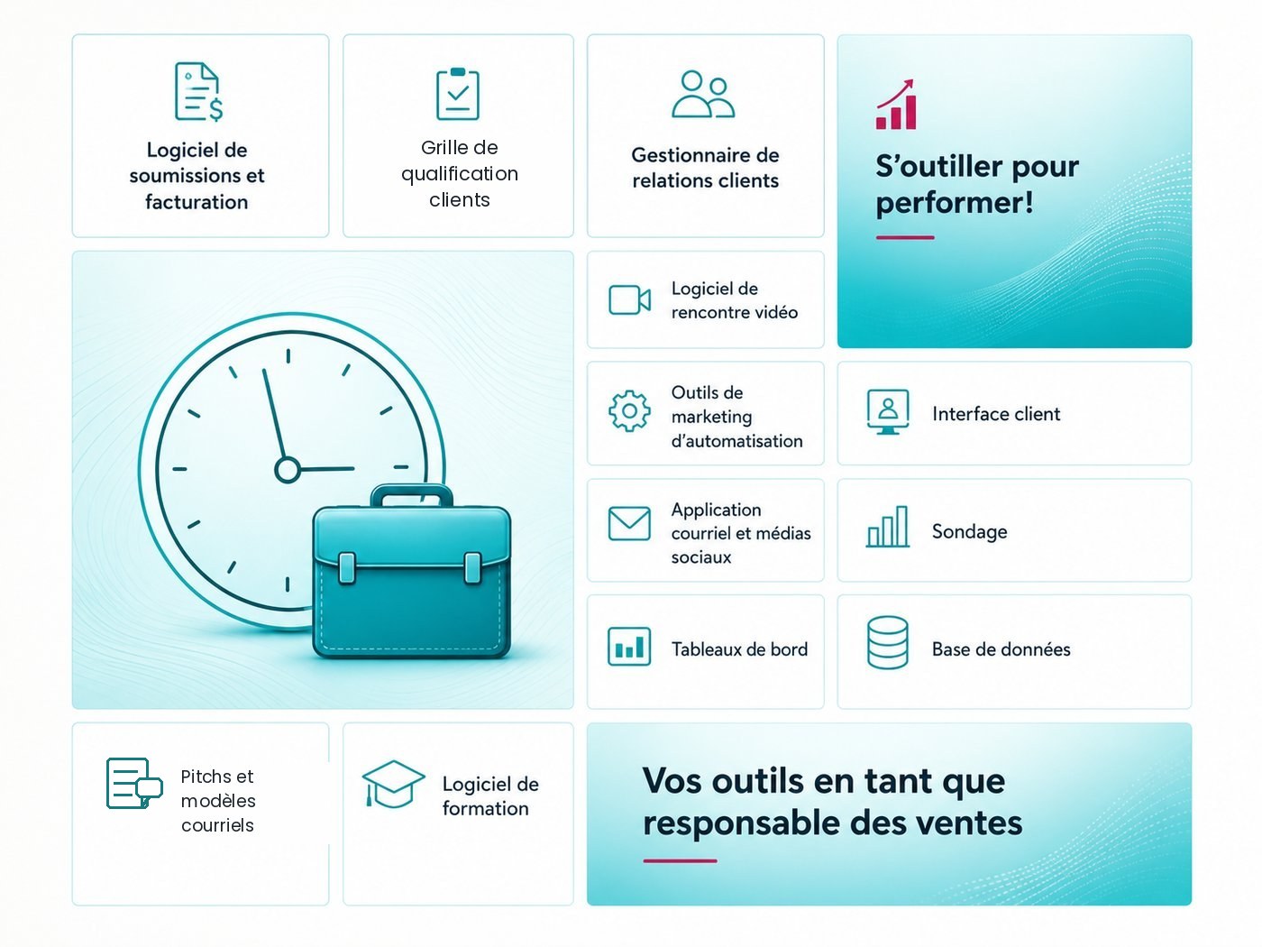 Panorama des outils du responsable des ventes : soumissions et facturation, grille de qualification clients, CRM, tableaux de bord, pitchs et modèles courriels